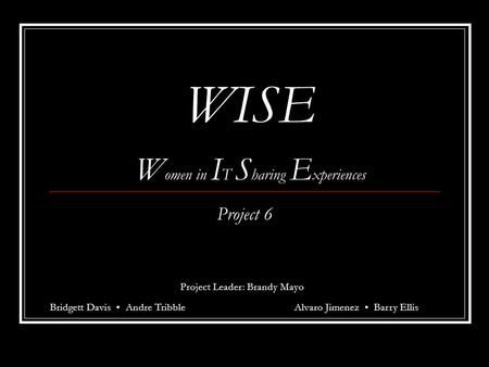 WISE W omen in I T S haring E xperiences Project 6 Project Leader: Brandy Mayo Bridgett Davis Andre TribbleAlvaro Jimenez Barry Ellis.