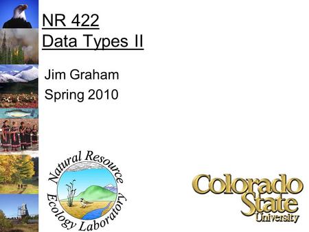 NR 422 Data Types II Jim Graham Spring 2010. Simple Data Types Point (2d or 3d) –Coordinates with attributes Polyline (2d or 3d) –Points collected by.