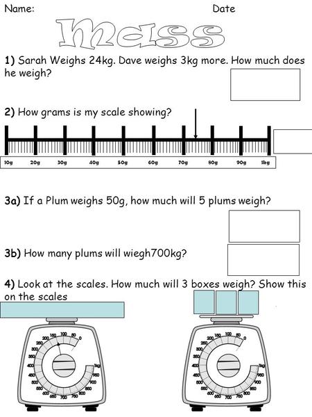 Name:Date 1) Sarah Weighs 24kg. Dave weighs 3kg more. How much does he weigh? 2) How grams is my scale showing? 3a) If a Plum weighs 50g, how much will.