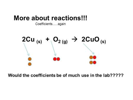More about reactions!!! Coefficients…..again 2Cu (s) + O 2 (g)  2CuO (s) Would the coefficients be of much use in the lab?????