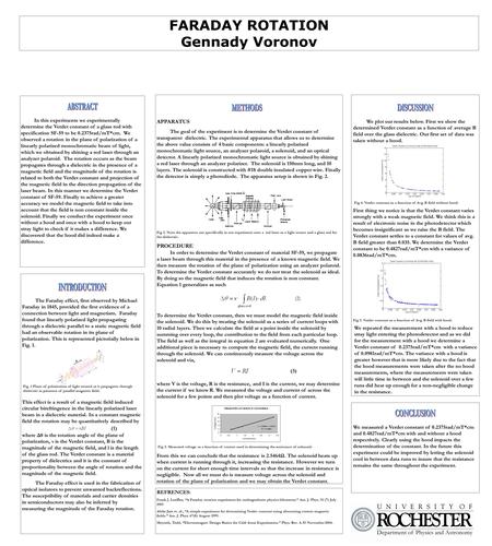 FARADAY ROTATION Gennady Voronov In this experiments we experimentally determine the Verdet constant of a glass rod with specification SF-59 to be 0.2375rad/mT*cm.