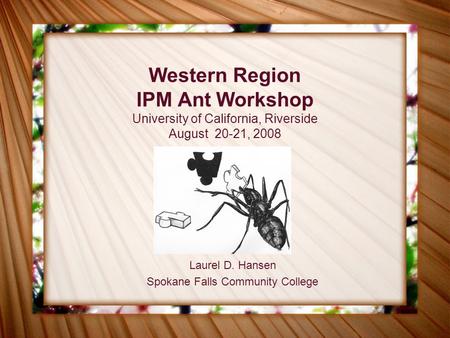 Western Region IPM Ant Workshop University of California, Riverside August 20-21, 2008 Laurel D. Hansen Spokane Falls Community College.