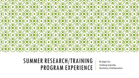 SUMMER RESEARCH/TRAINING PROGRAM EXPERIENCE Bridget Lin Undergraduate, Statistics/Mathematics.