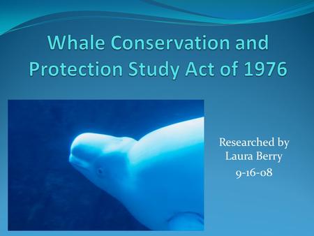 Researched by Laura Berry 9-16-08. Reasons for Authorization:  Enacted Oct 17, 1976 by US Congress  Agreed whales added amount of aesthetic and scientific.