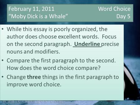 February 11, 2011 Word Choice “Moby Dick is a Whale” Day 5 While this essay is poorly organized, the author does choose excellent words. Focus on the second.