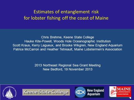 Estimates of entanglement risk for lobster fishing off the coast of Maine Chris Brehme, Keene State College Hauke Kite-Powell, Woods Hole Oceanographic.