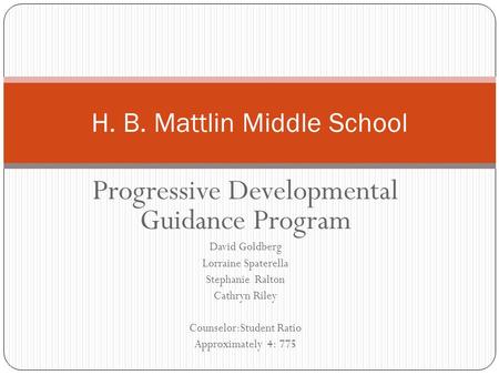 Progressive Developmental Guidance Program David Goldberg Lorraine Spaterella Stephanie Ralton Cathryn Riley Counselor:Student Ratio Approximately 4: 775.
