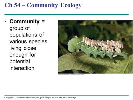Ch 54 – Community Ecology Community = group of populations of various species living close enough for potential interaction.