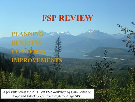 FSP REVIEW PLANNING BENEFITS CONCERNS IMPROVEMENTS A presentation at the PFIT Post FSP Workshop by Cam Leitch on Pope and Talbot’s experience implementing.