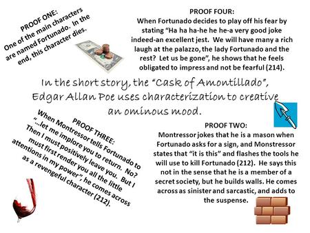In the short story, the “Cask of Amontillado”, Edgar Allan Poe uses characterization to creative an ominous mood. PROOF ONE: One of the main characters.