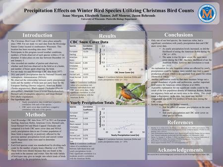 Precipitation Effects on Winter Bird Species Utilizing Christmas Bird Counts Isaac Morgan, Elizabeth Tanner, Jeff Monroe, Jason Behrends University of.