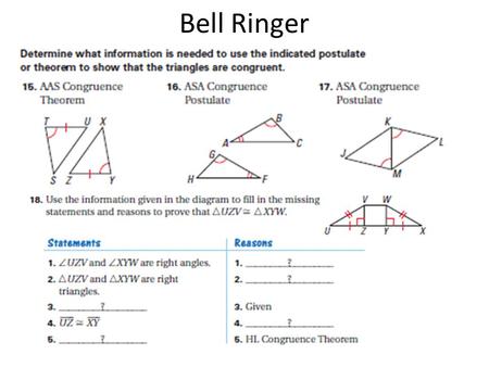 Bell Ringer. Using Congruent Triangles Example 1 Use Corresponding Parts In the diagram, AB and CD bisect each other at M. Prove that  A   B. Because.