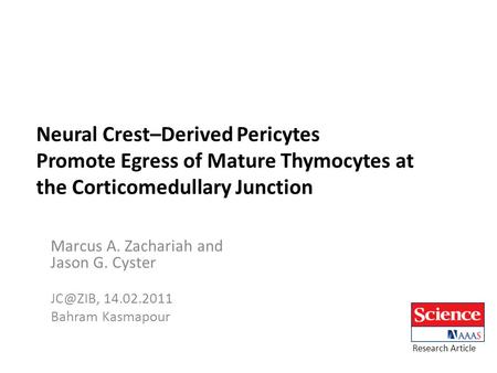 Neural Crest–Derived Pericytes Promote Egress of Mature Thymocytes at the Corticomedullary Junction Marcus A. Zachariah and Jason G. Cyster 14.02.2011.