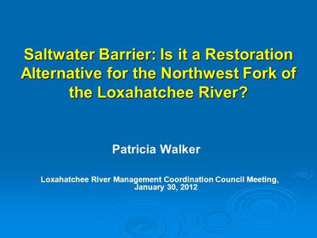 Saltwater Barrier: Is it a Restoration Alternative for the Northwest Fork of the Loxahatchee River? Loxahatchee River Management Coordination Council Meeting,