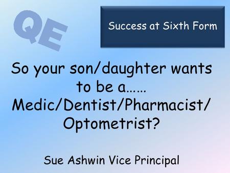 So your son/daughter wants to be a…… Medic/Dentist/Pharmacist/ Optometrist? Sue Ashwin Vice Principal Success at Sixth Form.