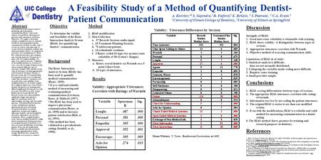 A Feasibility Study of a Method of Quantifying Dentist- Patient Communication A. Koerber,* 1 S. Gajendra, 2 R. Fulford, 1 E. BeGole, 1 I. Punwani, 1 C.A.