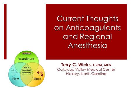 Current Thoughts on Anticoagulants and Regional Anesthesia Terry C. Wicks, CRNA, MHS Catawba Valley Medical Center Hickory, North Carolina.