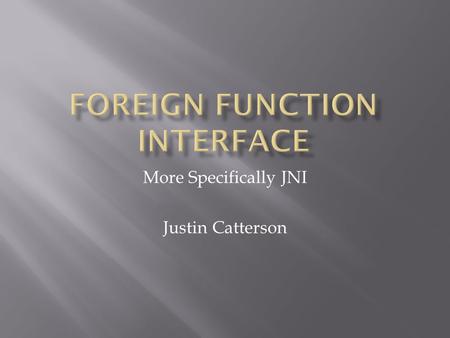 More Specifically JNI Justin Catterson.  ADA  C++  Java  Ruby  Python  Haskell  Perl  etc. What is a Foreign Function Interface? Simply an interface.