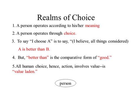 Realms of Choice person 1. A person operates according to his/her meaning 2. A person operates through choice. 3. To say “I choose A” is to say, “(I believe,