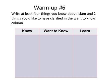 Warm-up #6 Write at least four things you know about Islam and 2 things you’d like to have clarified in the want to know column. KnowWant to KnowLearn.