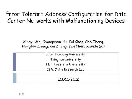 Error Tolerant Address Configuration for Data Center Networks with Malfunctioning Devices Xingyu Ma, Chengchen Hu, Kai Chen, Che Zhang, Hongtao Zhang,
