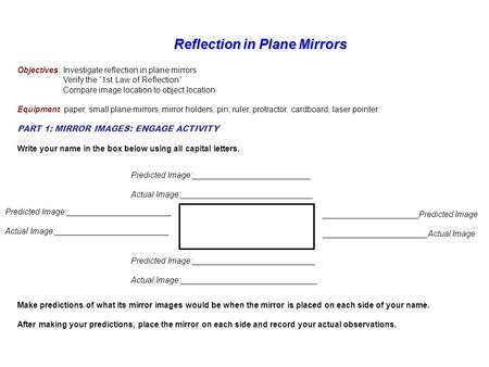 Reflection in Plane Mirrors Reflection in Plane Mirrors Objectives: Investigate reflection in plane mirrors Verify the “1st Law of Reflection” Compare.