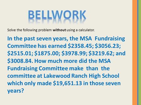 Solve the following problem without using a calculator. In the past seven years, the MSA Fundraising Committee has earned $2358.45; $3056.23; $2515.01;