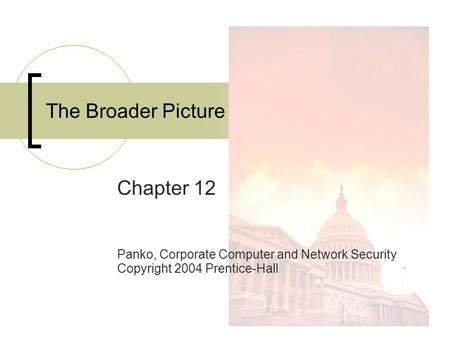 1 The Broader Picture Chapter 12 Panko, Corporate Computer and Network Security Copyright 2004 Prentice-Hall.