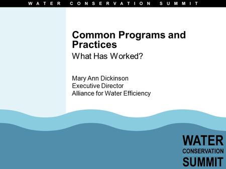 Common Programs and Practices What Has Worked? Mary Ann Dickinson Executive Director Alliance for Water Efficiency.