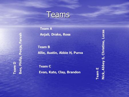 Teams Team C Evan, Kate, Clay, Brandon Team B Allie, Austin, Abbie H, Purva Team D Ben, Philip, Pooja, Farvah Team E Nick, Abbey S, Christine, Lucas Team.