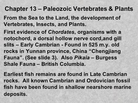 Chapter 13 – Paleozoic Vertebrates & Plants From the Sea to the Land, the development of Vertebrates, Insects, and Plants. First evidence of Chordates,