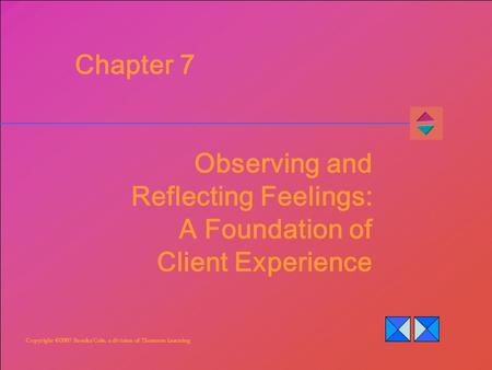 Copyright ©2007 Brooks/Cole, a division of Thomson Learning Chapter 7 Observing and Reflecting Feelings: A Foundation of Client Experience.