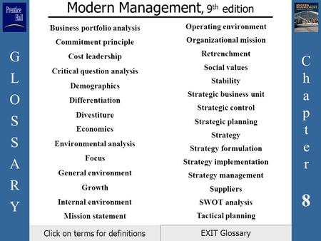 Chapter8Chapter8 GLOSSARYGLOSSARY EXIT Glossary Modern Management, 9 th edition Click on terms for definitions Business portfolio analysis Commitment principle.