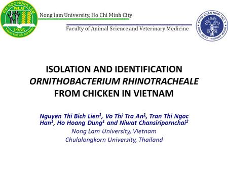 ISOLATION AND IDENTIFICATION ORNITHOBACTERIUM RHINOTRACHEALE FROM CHICKEN IN VIETNAM Nguyen Thi Bich Lien1, Vo Thi Tra An1, Tran Thi Ngoc Han1, Ho Hoang.