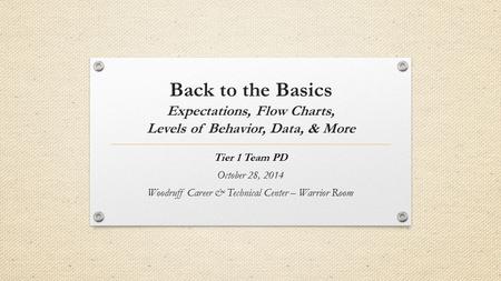 Back to the Basics Expectations, Flow Charts, Levels of Behavior, Data, & More Tier 1 Team PD October 28, 2014 Woodruff Career & Technical Center – Warrior.