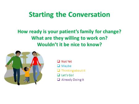 Starting the Conversation How ready is your patient’s family for change? What are they willing to work on? Wouldn’t it be nice to know?  Not Yet  Maybe.