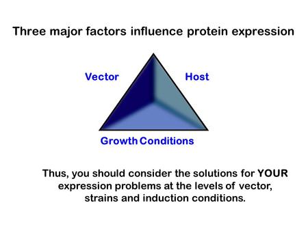 Three major factors influence protein expression Host Growth Conditions Vector Thus, you should consider the solutions for YOUR expression problems at.