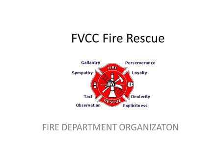 FVCC Fire Rescue FIRE DEPARTMENT ORGANIZATON. OBJECTIVES 2-1.1 Identify the organization of the fire department (3-1.1.1) 2-1.2 Identify the firefighter’s.