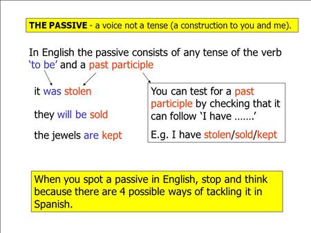 THE PASSIVE - a voice not a tense (a construction to you and me). In English the passive consists of any tense of the verb ‘to be’ and a past participle.