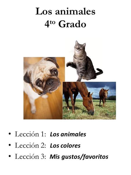 Los animales 4 to Grado Lección 1: Los animales Lección 2: Los colores Lección 3: Mis gustos/favoritos.
