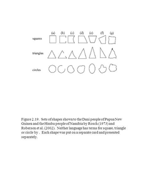 Figure 2.19. Sets of shapes shown to the Dani people of Papua New Guinea and the Himba people of Namibia by Rosch (1973) and Roberson et al. (2002). Neither.