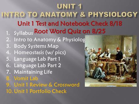 1.Syllabus 2.Intro to Anatomy & Physiology 3.Body Systems Map 4.Homeostasis (w/ pics) 5.Language Lab Part 1 6.Language Lab Part 2 7.Maintaining Life 8.Vomit.