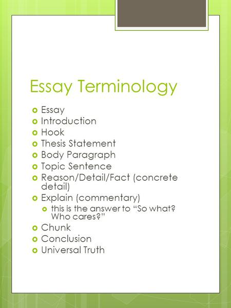 Essay Terminology  Essay  Introduction  Hook  Thesis Statement  Body Paragraph  Topic Sentence  Reason/Detail/Fact (concrete detail)  Explain (commentary)