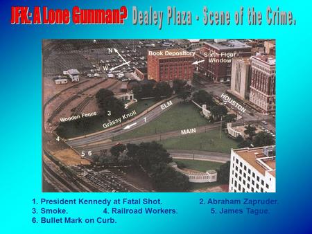 1. President Kennedy at Fatal Shot. 2. Abraham Zapruder. 3. Smoke. 4. Railroad Workers. 5. James Tague. 6. Bullet Mark on Curb.