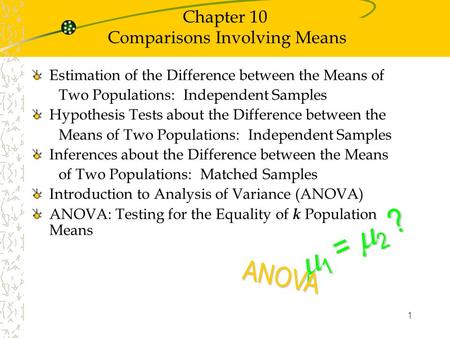 1 Chapter 10 Comparisons Involving Means  1 =  2 ? ANOVA Estimation of the Difference between the Means of Two Populations: Independent Samples Hypothesis.
