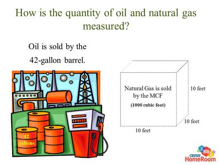 How is the quantity of oil and natural gas measured? Oil is sold by the 42-gallon barrel. 10 feet Natural Gas is sold by the MCF (1000 cubic foot) 42 gallons.