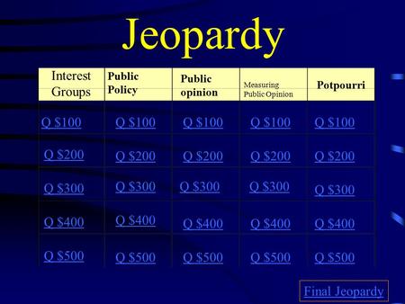 Jeopardy Interest Groups Public Policy Public opinion Measuring Public Opinion Potpourri Q $100 Q $200 Q $300 Q $400 Q $500 Q $100 Q $200 Q $300 Q $400.