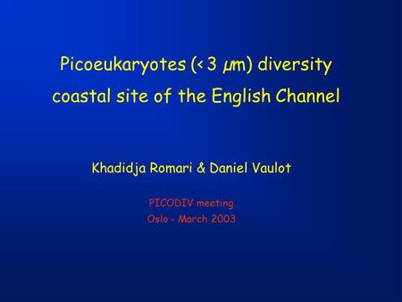 Picoeukaryotes (< 3 µm) diversity coastal site of the English Channel Khadidja Romari & Daniel Vaulot PICODIV meeting Oslo - March 2003.