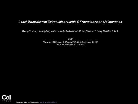 Local Translation of Extranuclear Lamin B Promotes Axon Maintenance Byung C. Yoon, Hosung Jung, Asha Dwivedy, Catherine M. O'Hare, Krishna H. Zivraj, Christine.