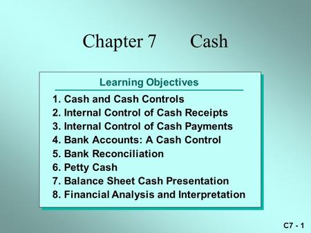 C7 - 1 Learning Objectives 1.Cash and Cash Controls 2.Internal Control of Cash Receipts 3.Internal Control of Cash Payments 4.Bank Accounts: A Cash Control.